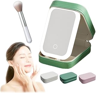 HOPASRISEE Espejo de maquillaje ajustable de tres colores, espejo de maquillaje ajustable de tres colores con luces, bolsa de maquillaje con espejo y luz, espejos de maquillaje con luces LED (verde)