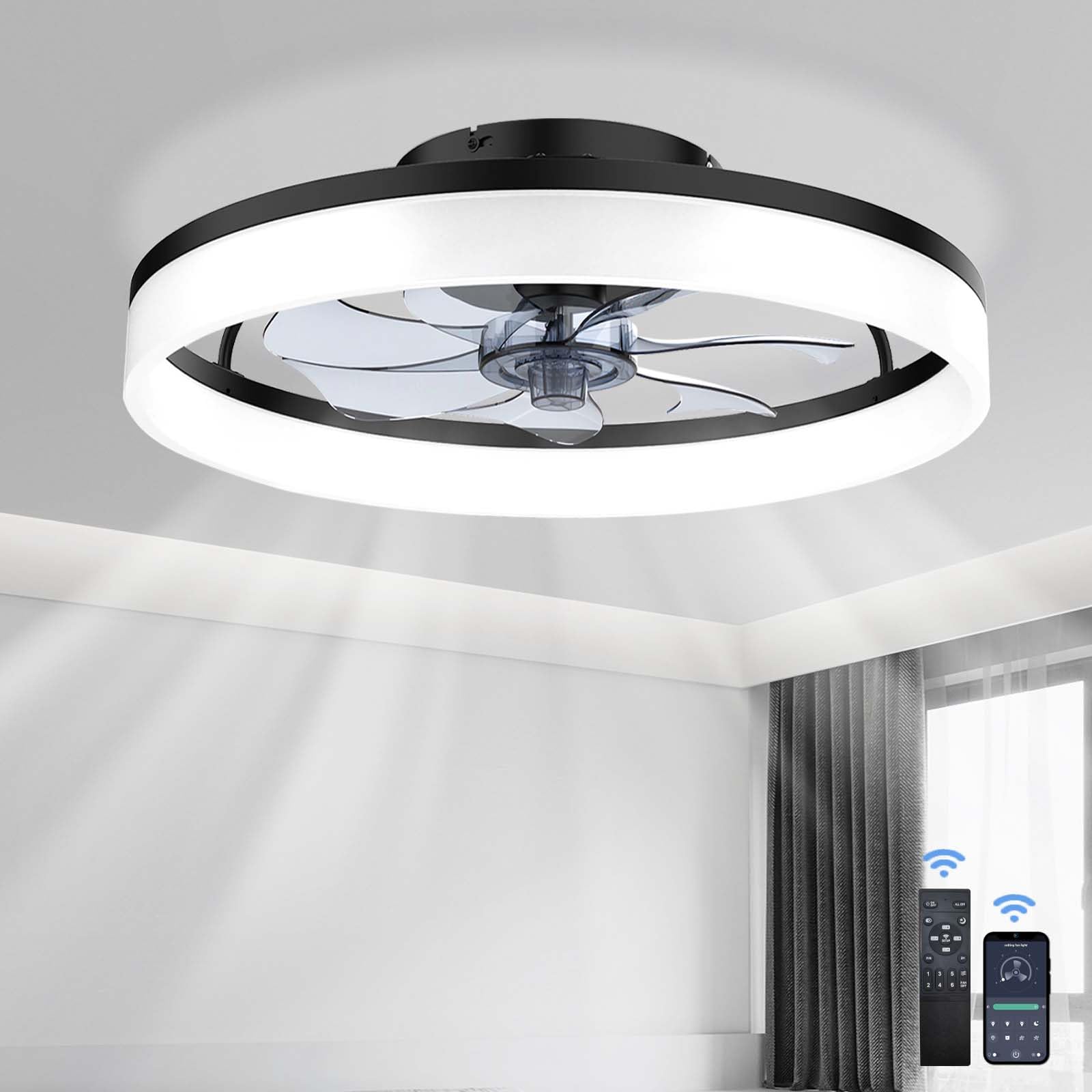HXYSXHJUO Ceiling Fans with Lights Remote and App, Lamps,6 Speeds, Stepless Color Temperature, Reversible DC Motor, Quiet Fan for Bedroom Living Room-Black||50cm