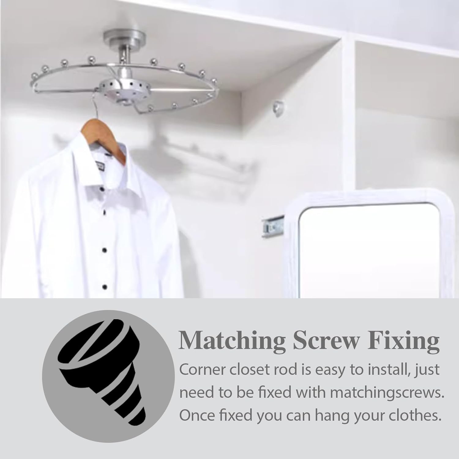 360 Rotating Corner Round Closet Support Rod, Heavy Duty Clothing Brackets for Hanging Clothes, Wardrobe Armoire Storage Organizer Closet Rack(Sliver,Small)