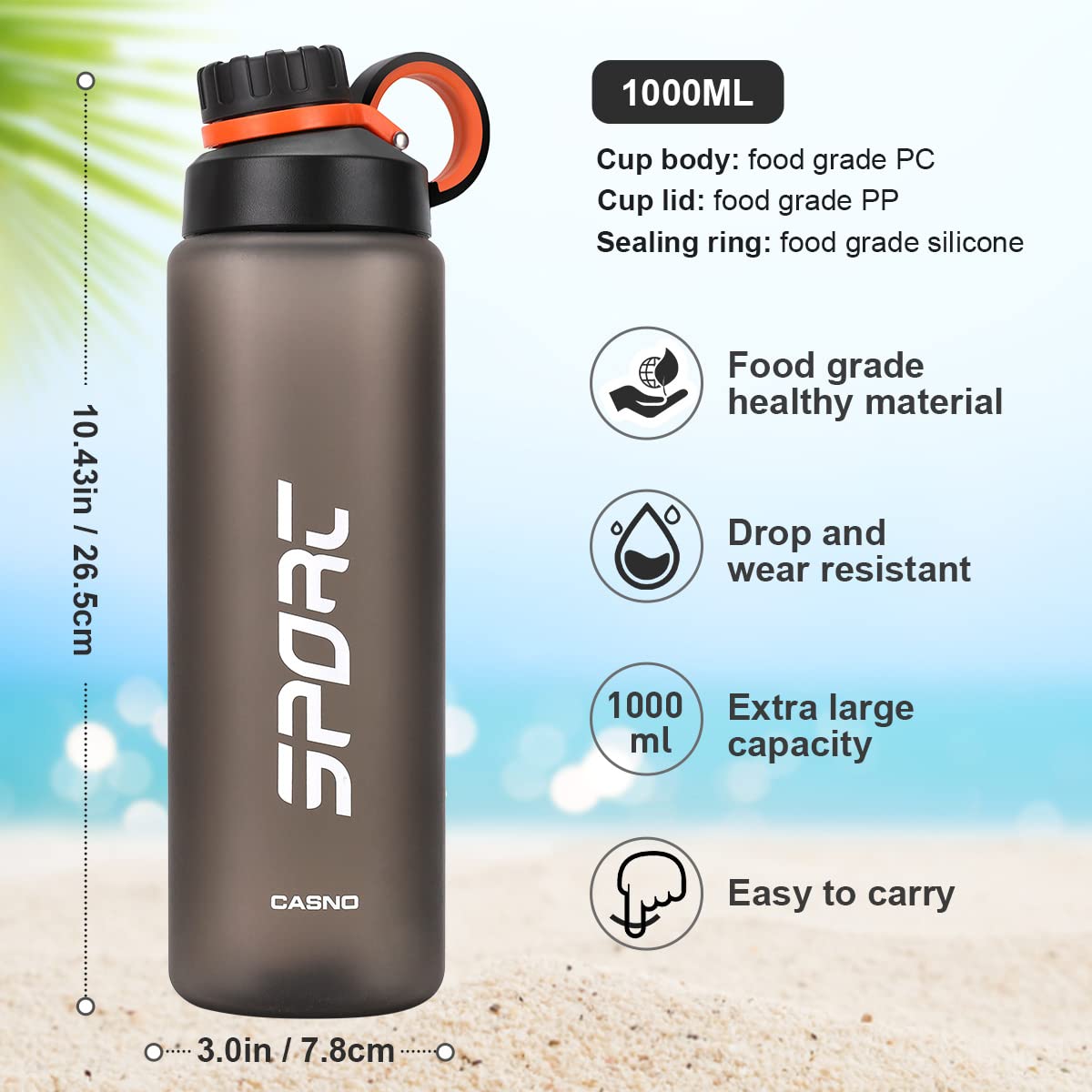 Gourde 1 Litre Sans BPA BacJueSin - Antidérapante, Anti-fuite - Idéale Sport, Vélo, Bureau, École