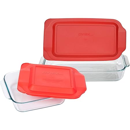 Pyrex Bundle: (1) 222 Clear Glass Baking Dish, (1) 233 Clear Glass Baking Dish, (1) 222-PC Red Plastic Lid, (1) 233-PC Red Plastic Lid