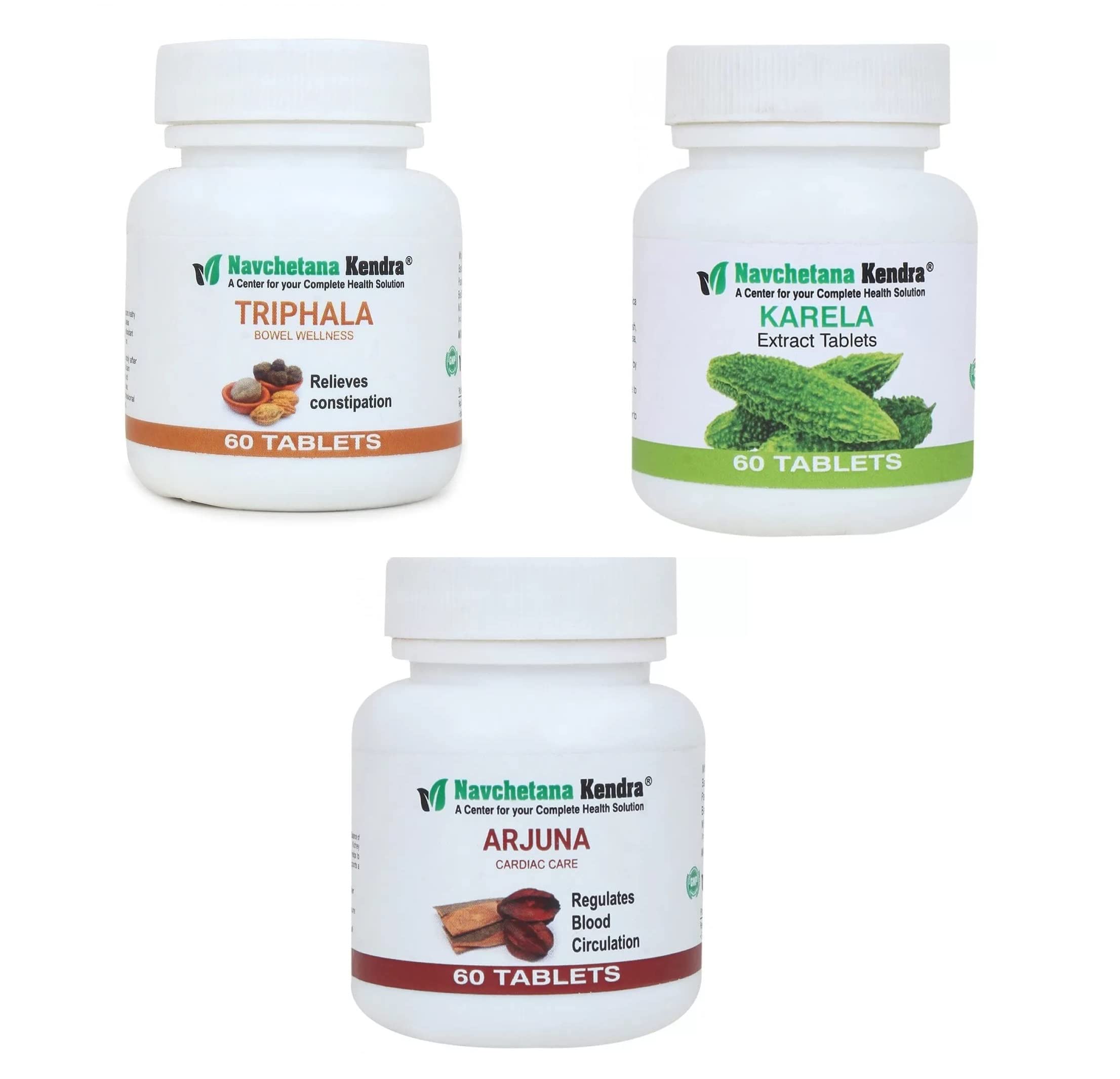 Navchetana Kendra ARJUNA, Triphala Bowel Wellness, Kerala Extract Tablets - Combo pack - 60 Tablets Each