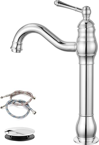 Miniatura 8 de Grifo de lavabo de latón antiguo para baño, una sola manija, grifo mezclador de lavabo con desagüe emergente, boquilla alta, montaje en cubierta de