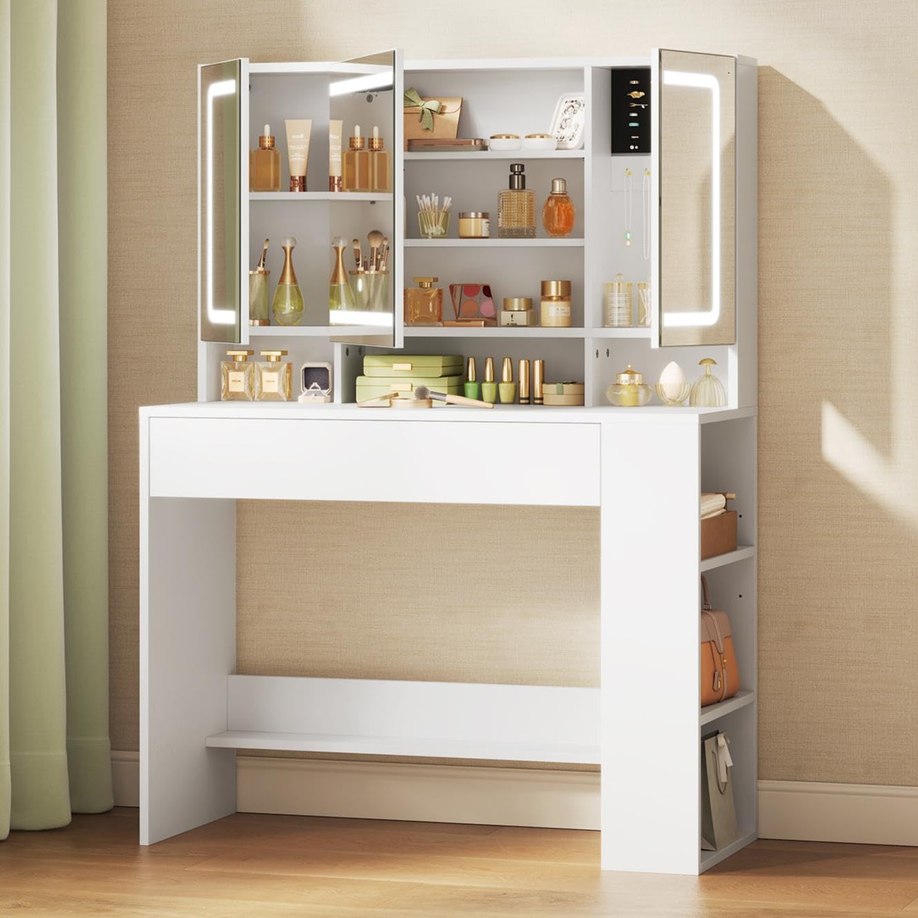WOLTU Dressing Table with LED Mirror, 3 Light Colours, Brightness Adjustable, White Makeup Vanity Desk with Large Drawer, Multiple Shelves, Jewellery Cabinet, 90x40x135 cm