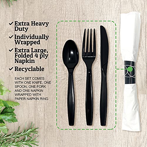 Faithful Supply 40 Pre Rolled Napkin With Black Plastic Silverware - Extra Heavy Duty Knife Fork Spoon Napkin Sets Individually Wrapped Kits For Weddings, Catering Events, & Big Parties #TOP3