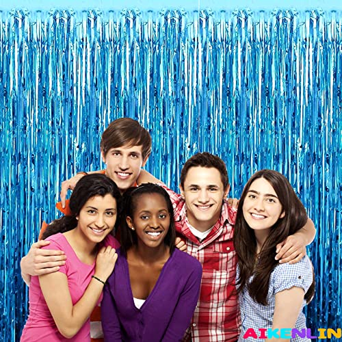 Image of 4 Pack 3.2Ft x 8.2Ft Lake Blue Foil Fringe Curtain Backdrop, Metallic Tinsel Foil Fringe Streamers Curtains Background for Photo Booth, Birthday, Wedding, Halloween, Christmas Party Decoration