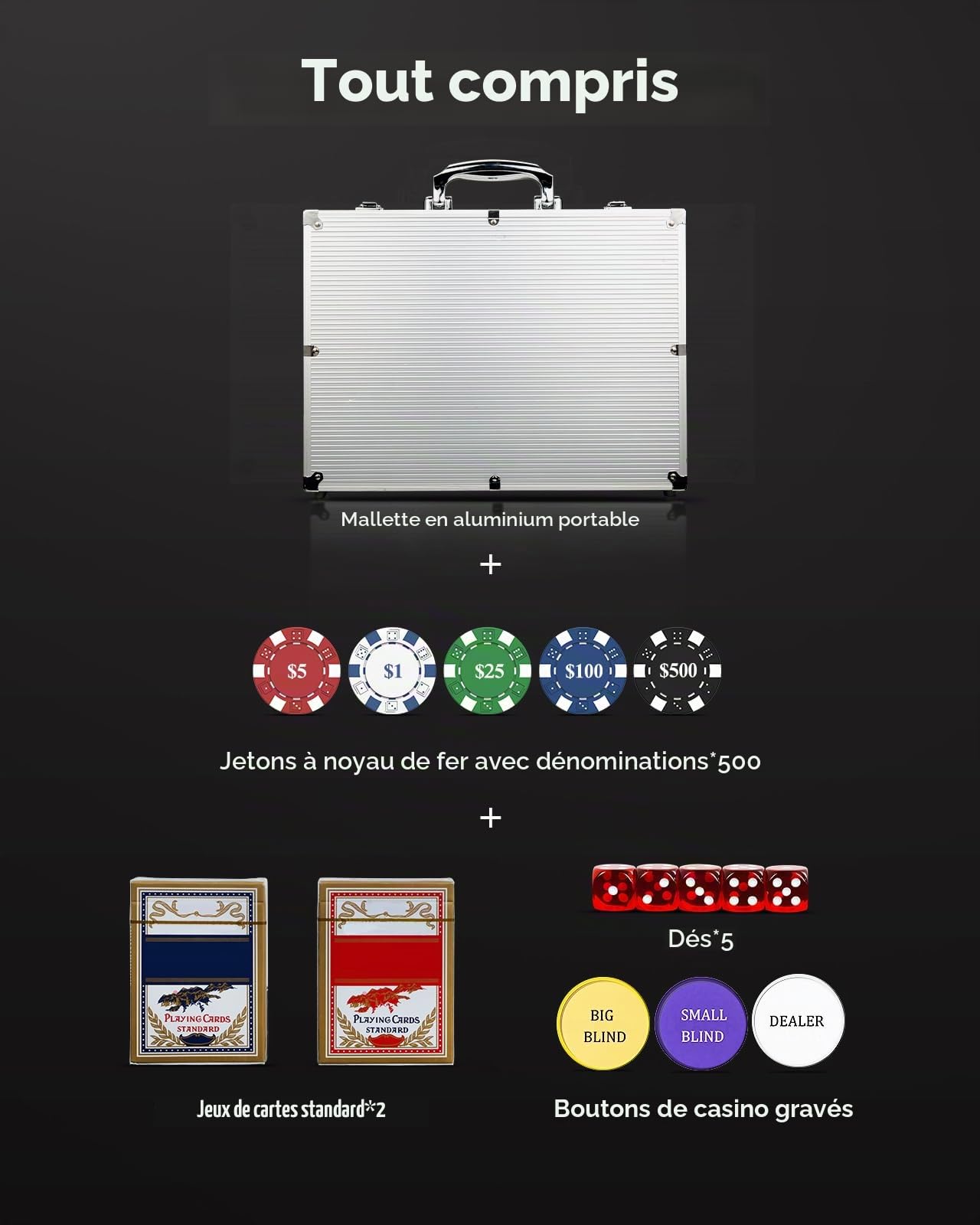 HEITOK Mallette Poker 500 Jetons sans Valeur 11.5g Fer Jeu de Poker Casino | mises libres par couleur, 2-10 joueurs, cartes papier, 5 dés, Dealer/Blind, règles maison, cave, points, side pots