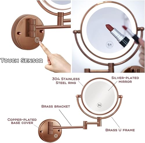 Miniatura 4 de Espejo de maquillaje con iluminación LED, espejo de aumento de extensión 5X, espejo de afeitado extensible compacto para baño, espejo de tocador de