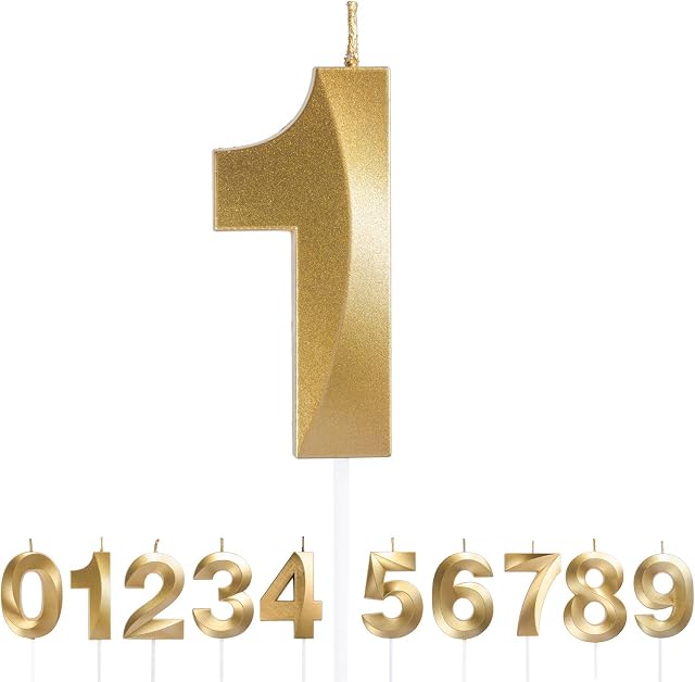 URAQT Quality Gold Number Candles, Birthday Cake Candles, 5.3 inches Gold Glitter Number Cupcake Candle, Birthday Wedding Anniversary New Year Party Cake Decorations Topper(Number 0-9 for Choosing)