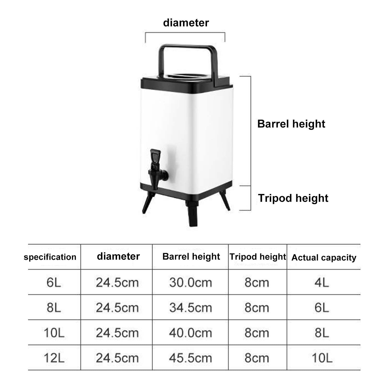 Barril Aislado De Acero Inoxidable De 6 L, 8 L, 10 L Y 12 L，dispensador Bebidas de Doble Pared Dispensador de Bebidas Frías Y Calientes Para Restaurantes，contenedor Antifugas Para Almacenar Líquido
