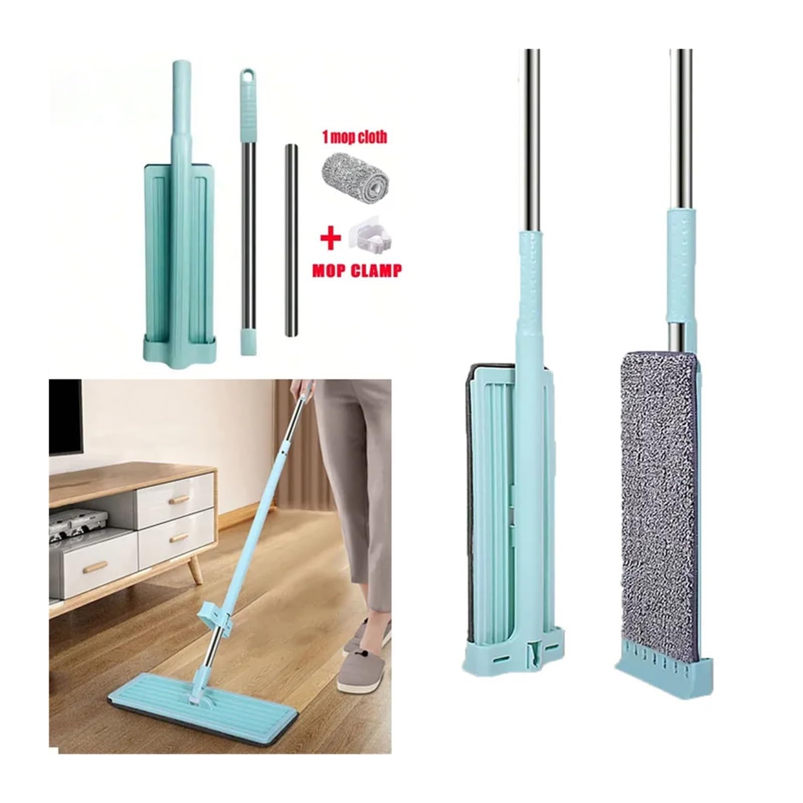 Trapeador húmedo y seco de doble propósito, trapeador plano manos libres, trapeador giratorio seco for el hogar, trapeador for pisos de baldosas, sin esquinas muertas, limpieza de huecos(1 Mop 5 Cloth