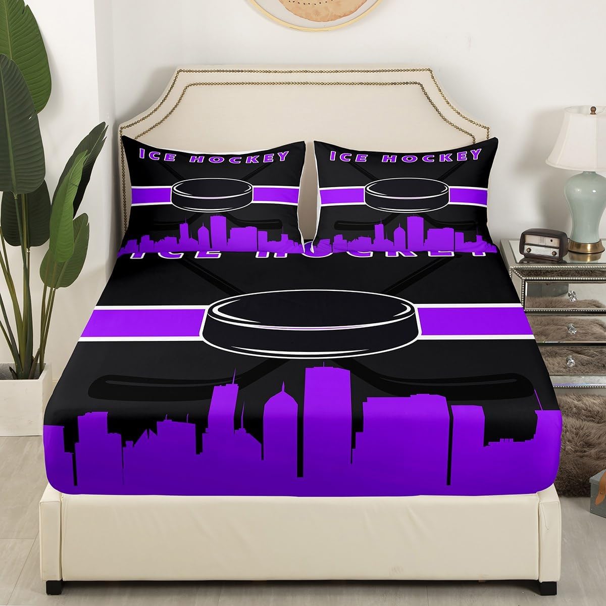 Erosebridal Little Boys Twin Fitted Sheet Ice Hockey Sheets for Toddler Kids, Sports Gamer Bed Sheets Video Game Gaming Bed Cover, Black Purple