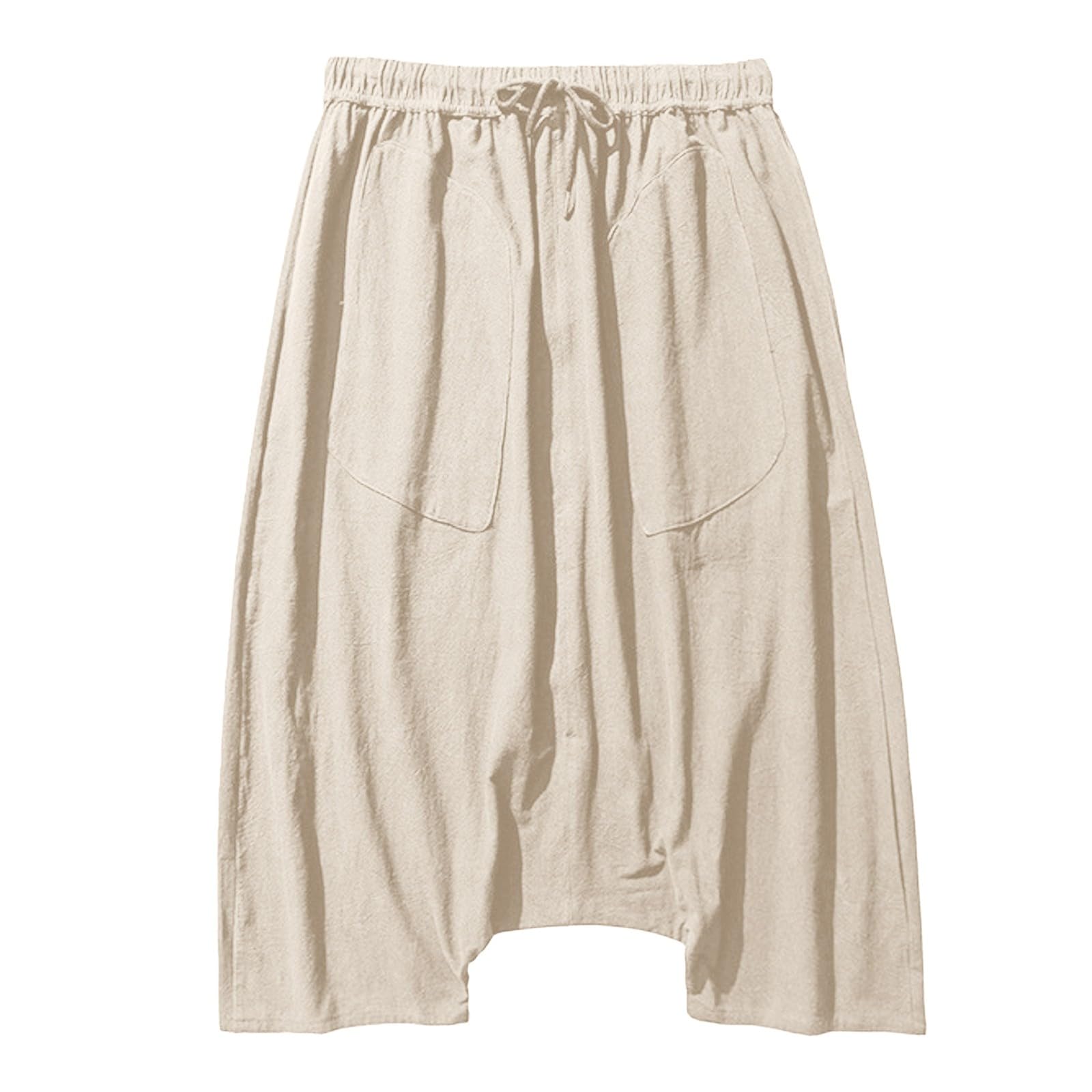 SUWBMHWE Boho Pants Men Men's Harem Elastic Drawstring Lounge Toji Linen Solid Color Beach Yoga Japanese Clothes for Hippie Shorts Going Out Elegant Trendy Trousers Khaki