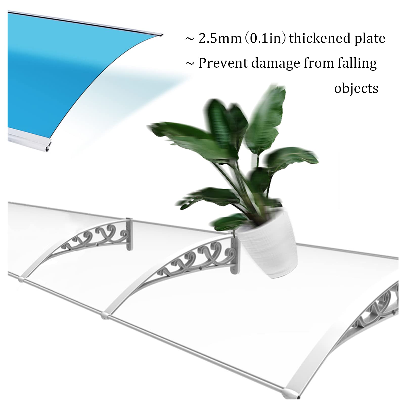 Window Awning Clear Polycarbonate Cover Exterior Door Canopy, For Porch Patio Roof Rain Shelter ,Front Doors Windows Overhang Awning ,Reinforced Carbon Steel Base(45x380cm/17.7x150in