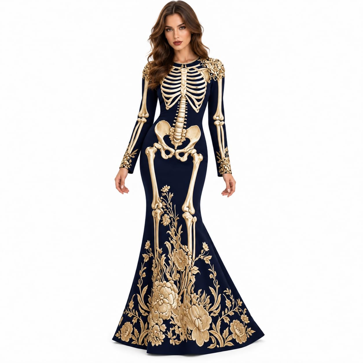Women's Skeleton Print Mermaid Maxi Dress Long Sleeve Halloween Dresses for Women 3D Digital Print Floral Gothic Fancy Dress Costume — image 1
