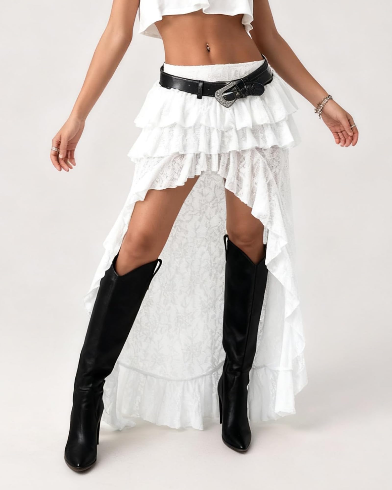 Generico Gonna Lunga Donna Y2K a Strati in Pizzo, Maxi Gonna Boho Floreale Asimmetrica con Volant, in Rete Trasparente – Stile Western Cowgirl per Vacanze