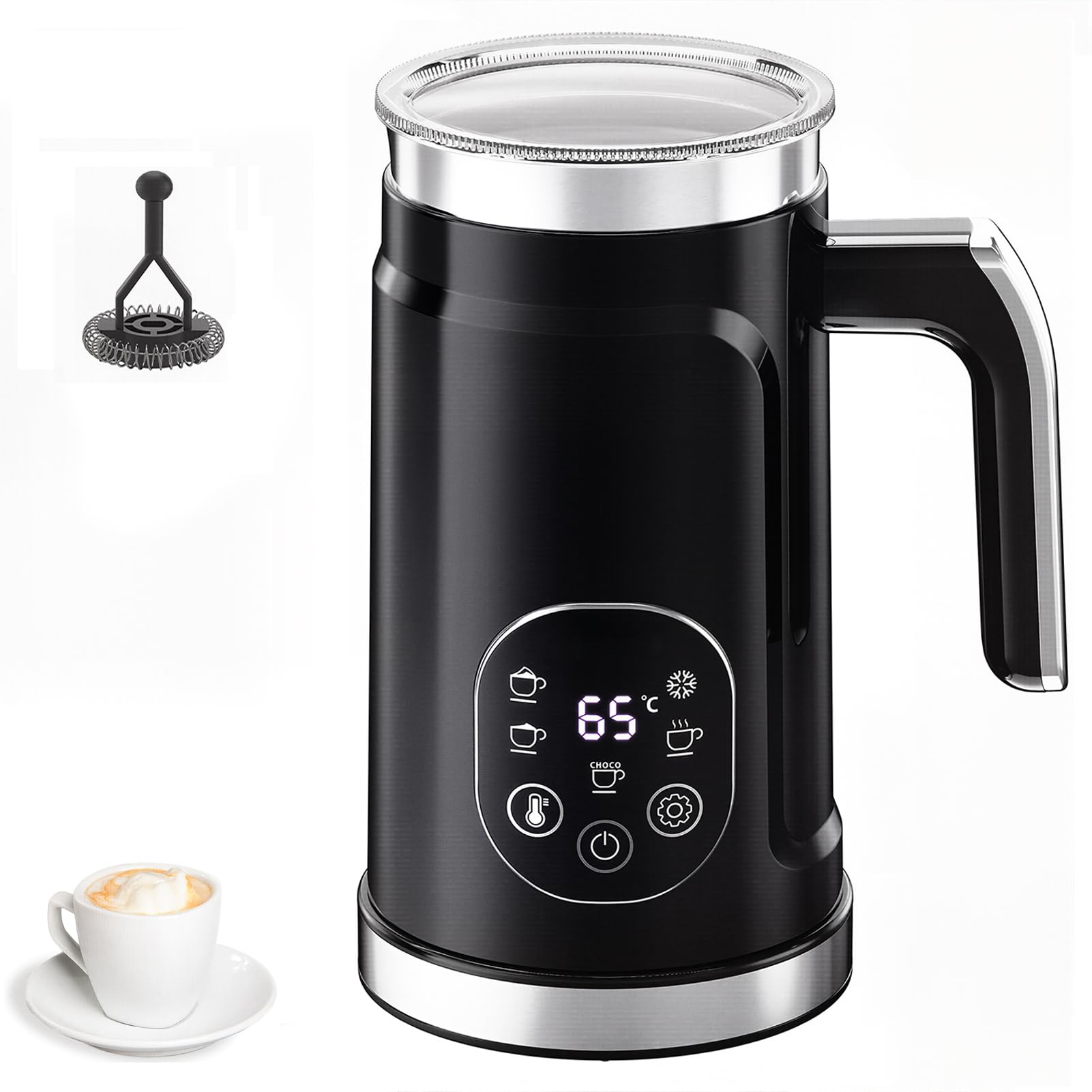 Automatyczny Spieniacz do Mleka 500W, Elektryczny Parowar & Spieniacz 5 w 1 | 300ML Urządzenie do Gorącej i Zimnej Pianki Mlecznej z 3 Temperaturami i Utrzymaniem Ciepła przez 30 Min, Ekran(Black)
