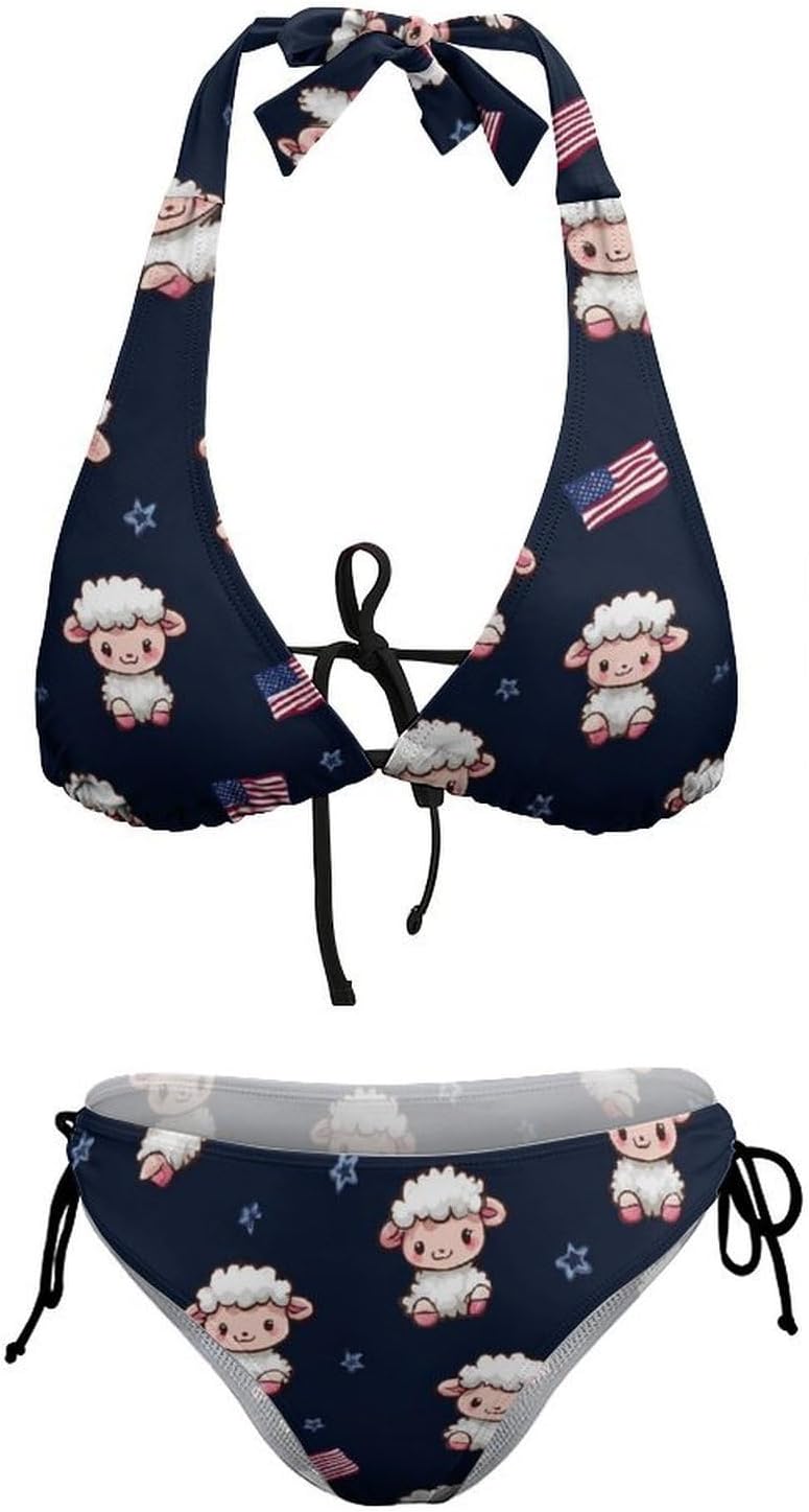 Cute Lamb U.S. Flag Novelty Women's 2 Piece String Bikini Set Swimsuits Bathing Suit Swimwear