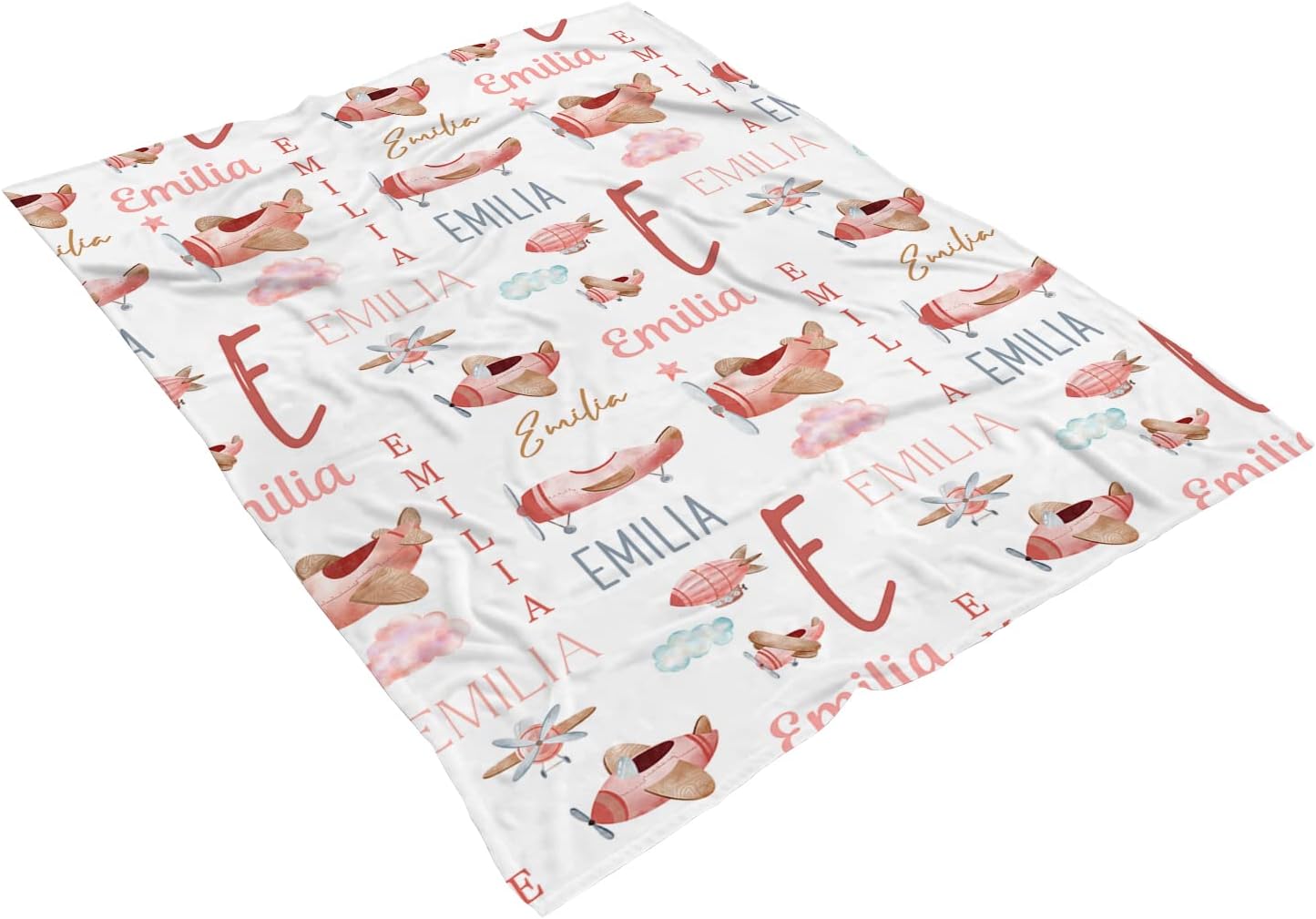 Personalized Airplane Blanket, Pink Airplane Baby Blanket, Custom Name Airplane Nursery Baby Blanket Shower Gift Plush Blanket for Baby for Kids