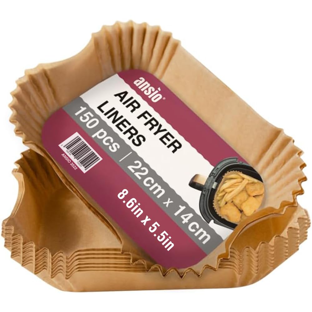 ANSIO Air Fryer Paper Liners - 150 PCS Rectangle Disposable Liners, 22cm x 14cm x 4.5cm Inner Fit, Compatible with Ninja, Salter, Tower and Other Dual Zone Air Fryers – Pack of 150