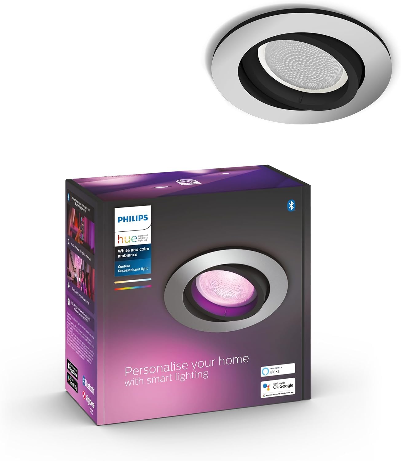 Philips Hue - Foco Inteligente Empotrable Hue Centura 5.7W, 350 lm, Luz Blanca y de Colores, compatible con Alexa y Google Home - Aluminio [Clase de eficiencia energética F]