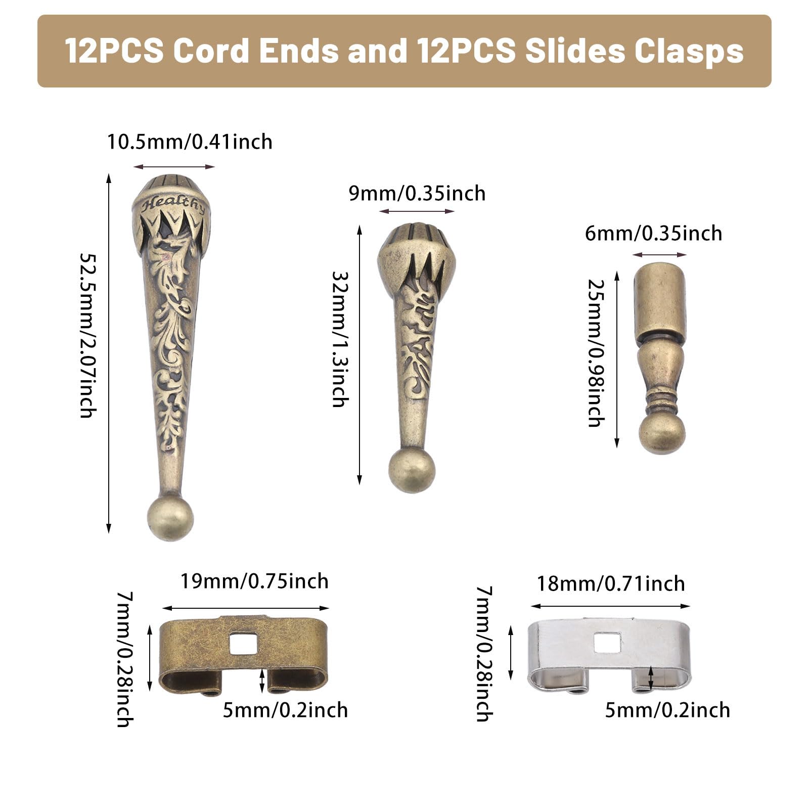 CHGCRAFT 24Pcs 3 Styles Bolo Tie Tips Replacement End Caps Kit Vintage Bolo Tie Findings Bolo Tie Slide Clasp and Alloy Cord End for DIY Bolo Tie Making