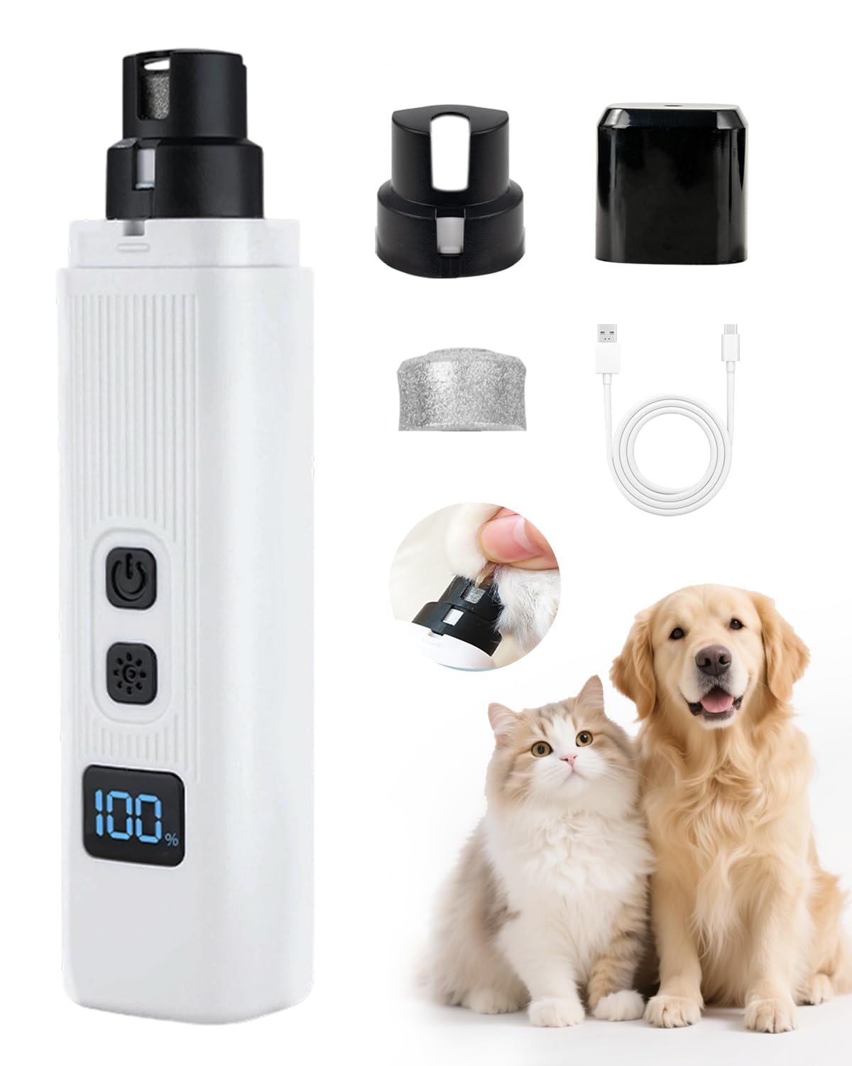 Cornnpet Electric Dog Nail Grinder with 2 Level LED Lights, 2 Speed Super Quiet and Low Vibration Electric Cat Nail Grinder - Rechargeable Pet Nail Grinder for Small Dogs Cats - White