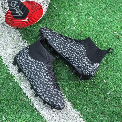 XGHRIAN Boys Soccer Cleats Unisex Training Football Cleats Girls Youth High-top Soccer Shoes Athletic Outdoor Football Shoes,Black,Big Kid 5