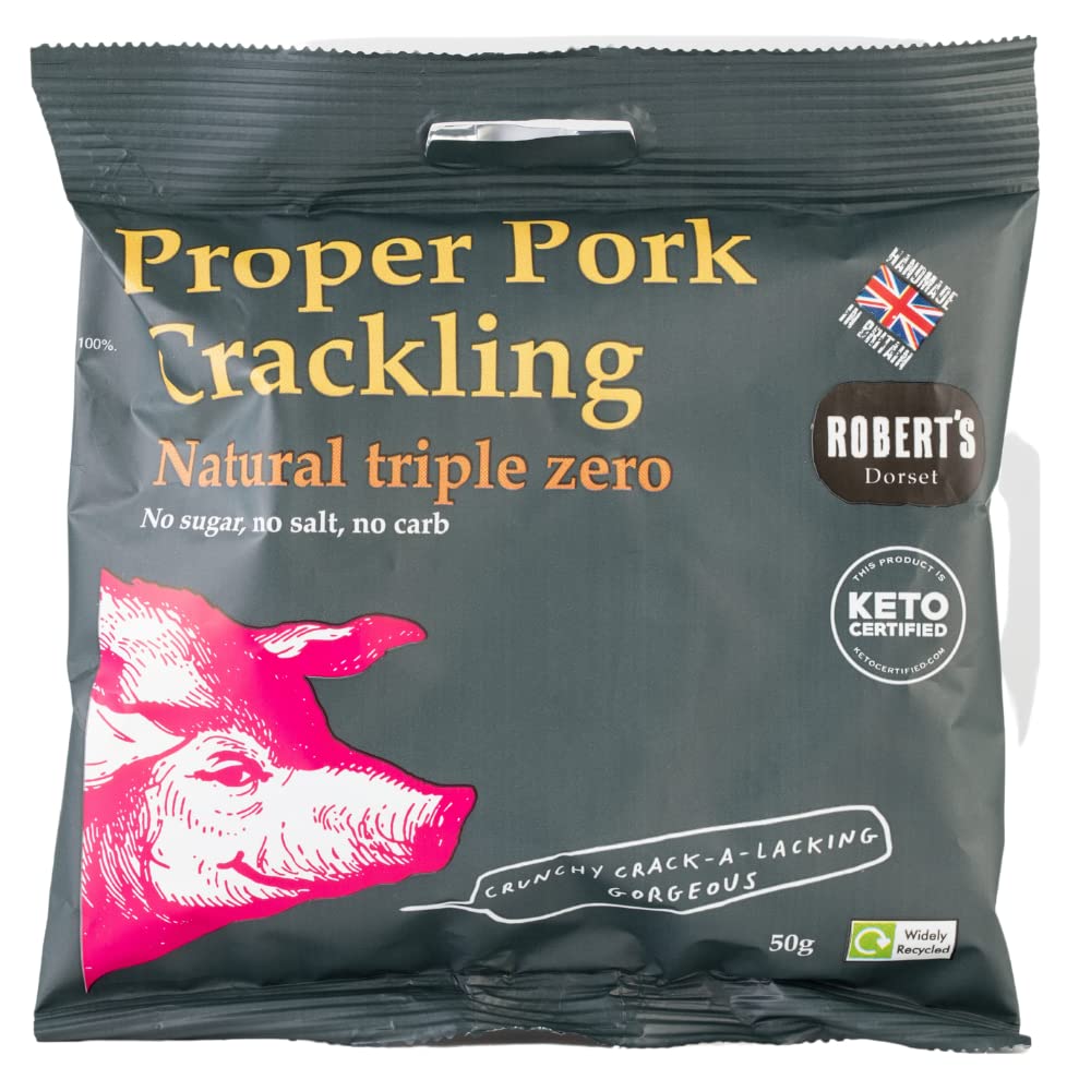 PROPER PORK CRACKLING NATURAL 50g Bag - Triple Zero - No Sugar, No Salt, No Carb - Handmade in Britain with Family Recipe (Natural - UNSALTED)
