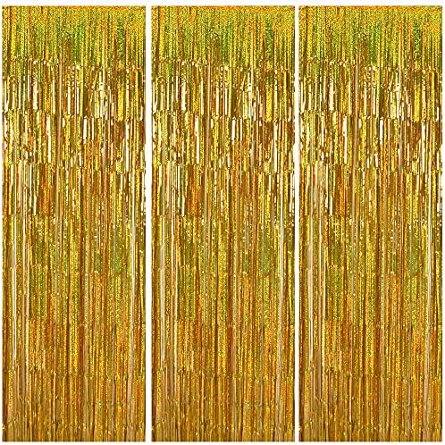 TONIFUL 3 Pcs Gold Metallic Foil Curtains,3.28ft x 6.56ft Laser Glitter Fringe Rain Curtain Shine Photo Booth Backdrop Tinsel Curtain Streamer for Wedding Christmas New Year Baby Shower Decor