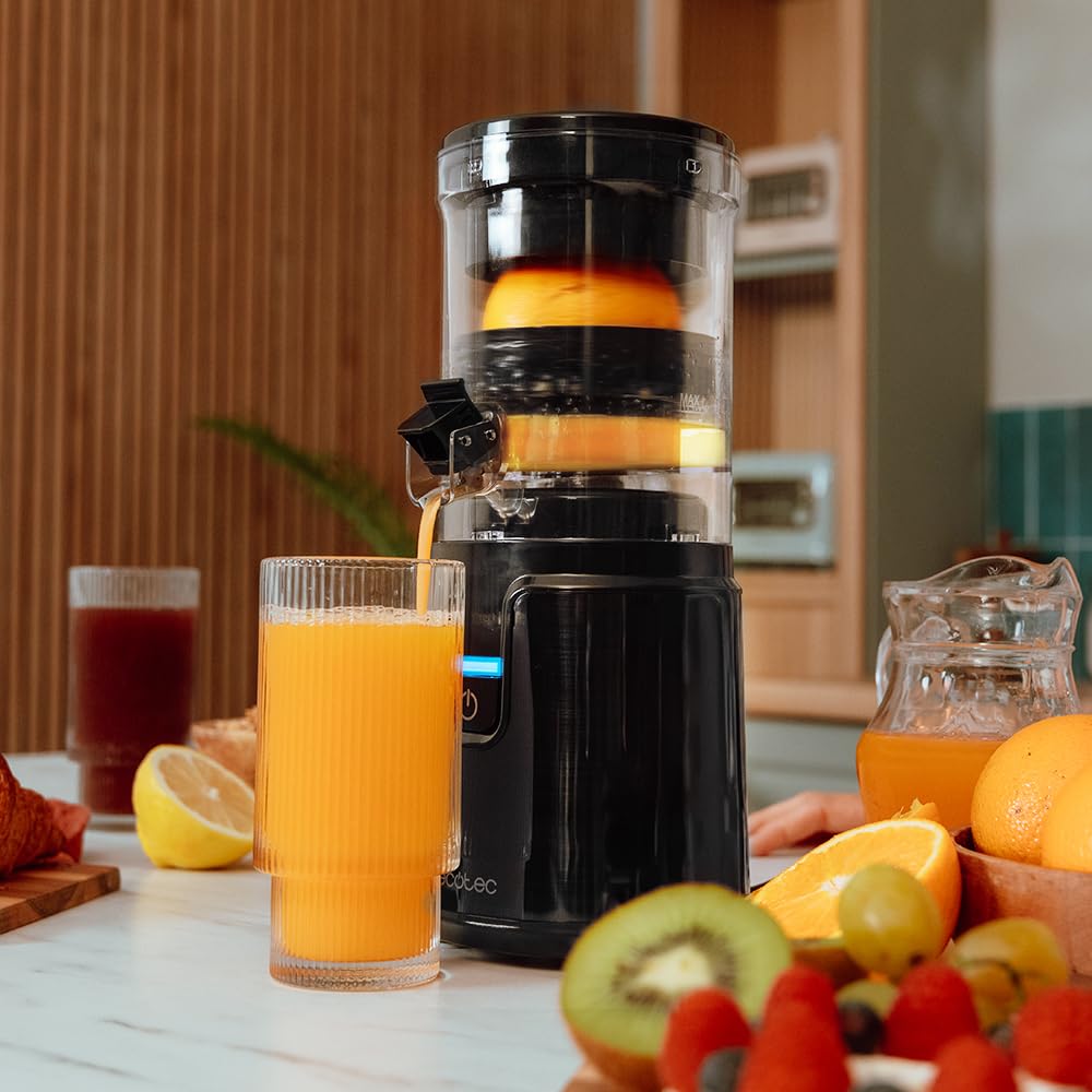 Cecotec Elektrisch Saftpresse Elektrisch Orangenpresse Zitruspressen Essential TowerAdjust Easy Steel. 140W, 0,35L, inklusive Filter und Plastiktrichter, einzigartige Rotationsrichtung, abnehmbar