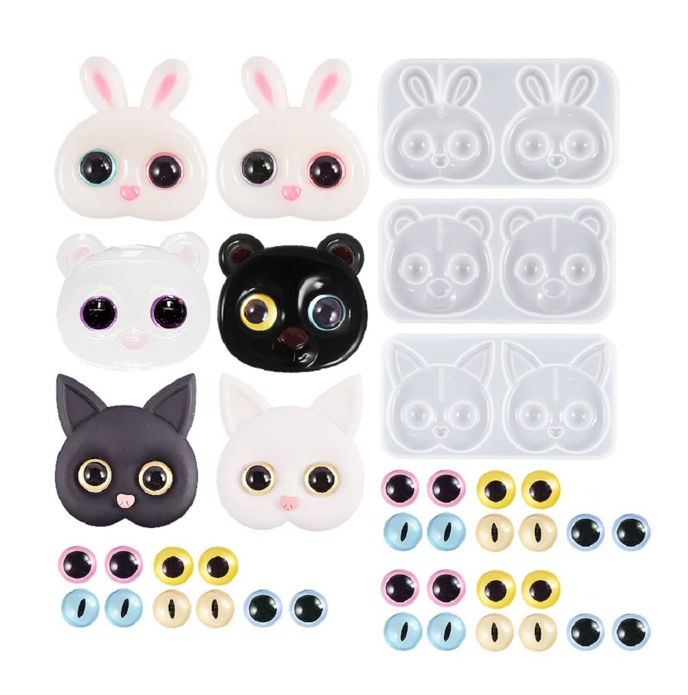 Yalulu 3Pcs Bear Bunny Phone Case Decoration Epoxy Resin Molds with 30pcs Eyes, Cat Pendant Silicone Molds Necklace Jewelry Making Mould for Keychain Pendent Ornament