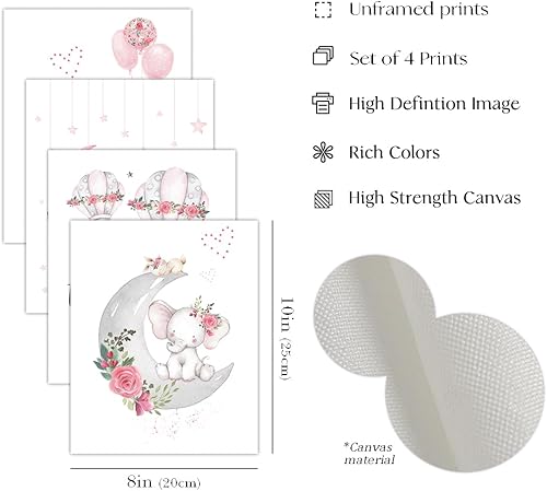 Miniatura 5 de Canssape Juego de 4 decoraciones de pared de elefante para habitación del bebé, arte de pared para dormitorio, impresiones de globos aerostáticos de
