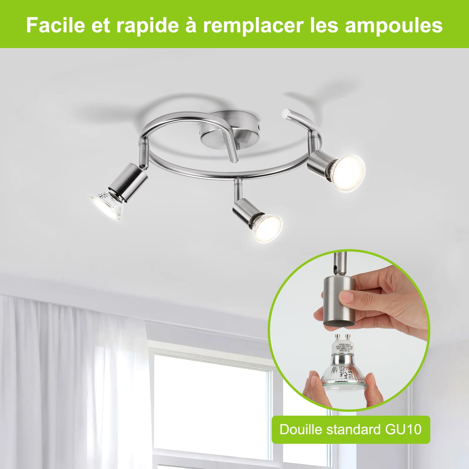 Bojim Plafonnier LED 3 Spot, Luminaire Plafond Lustre Orientable GU10 Light, Lampe Eclairage de Cuisine Applique, Ampoules Blanc Neutre Incl 3 x 6W, pour Interieur Salle Manger Salon Bain, Nickel Mat