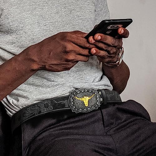 Black Western Cowboy Genuine Leather Belt with Longhorn Bull Buckle and Floral Engraving4