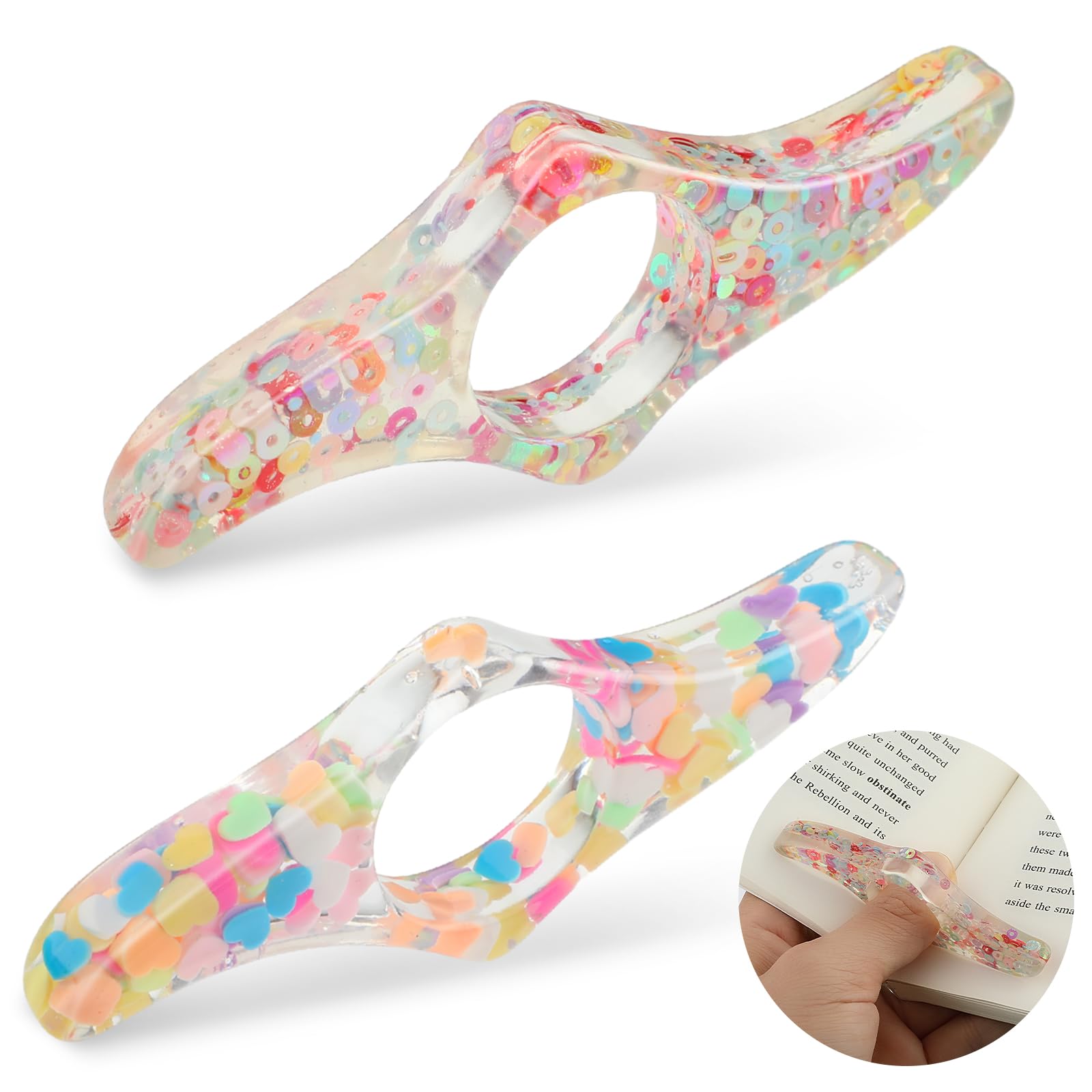 Ouligay 2 soportes para páginas para libros, soporte para el pulgar, soporte para libros, flores secas, anillo para el pulgar transparente, soporte lateral, marcapáginas, libro de resina, accesorios