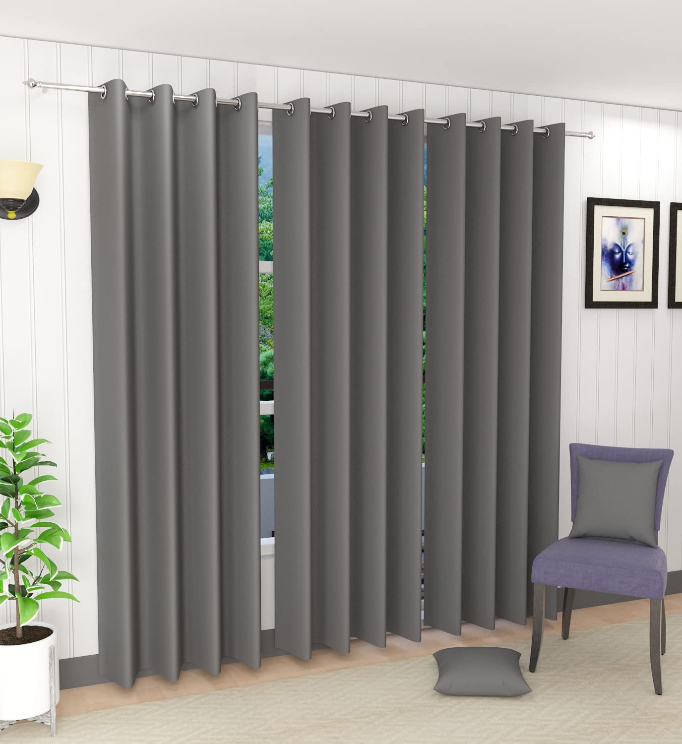 Decorvilla Blackout Faux Silk Superior 4 Piece Plain Solid Long Grommet Curtains Door Curtains, 8 Feet, Grey