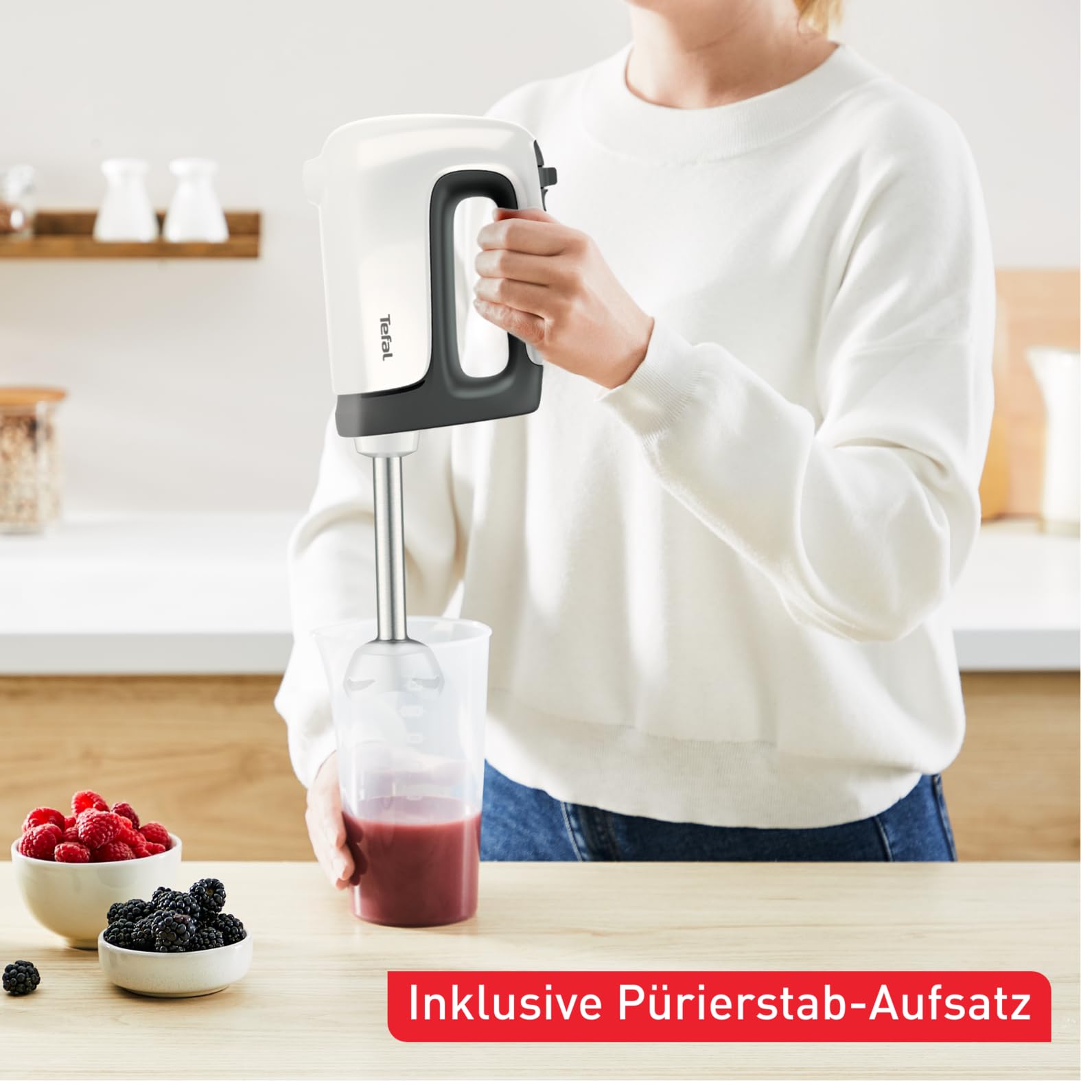 Tefal Prep'Mix + Handmixer mit Pürierstab, ideal für leichte und zähe Zubereitungen, leistungsstarker 500-W-Motor, 5 Geschwindigkeiten, Turbo-Funktion, Pürierstab-Aufsatz, weiß/grau, HT462138