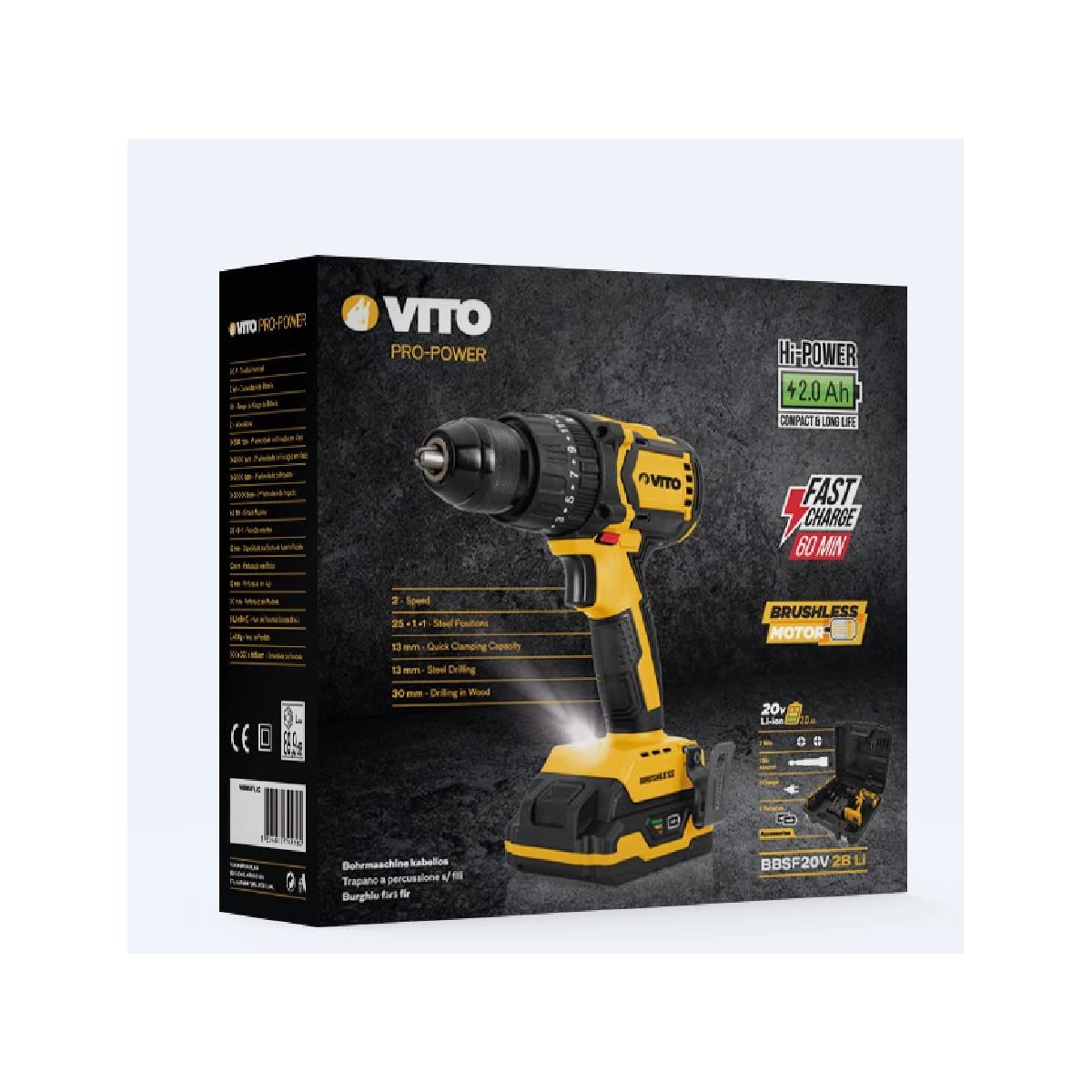 Taladro – Atornillador Brushless 20 V 2 Ah Li-ion VITO Power 2 baterías, cargador, caja accesorios