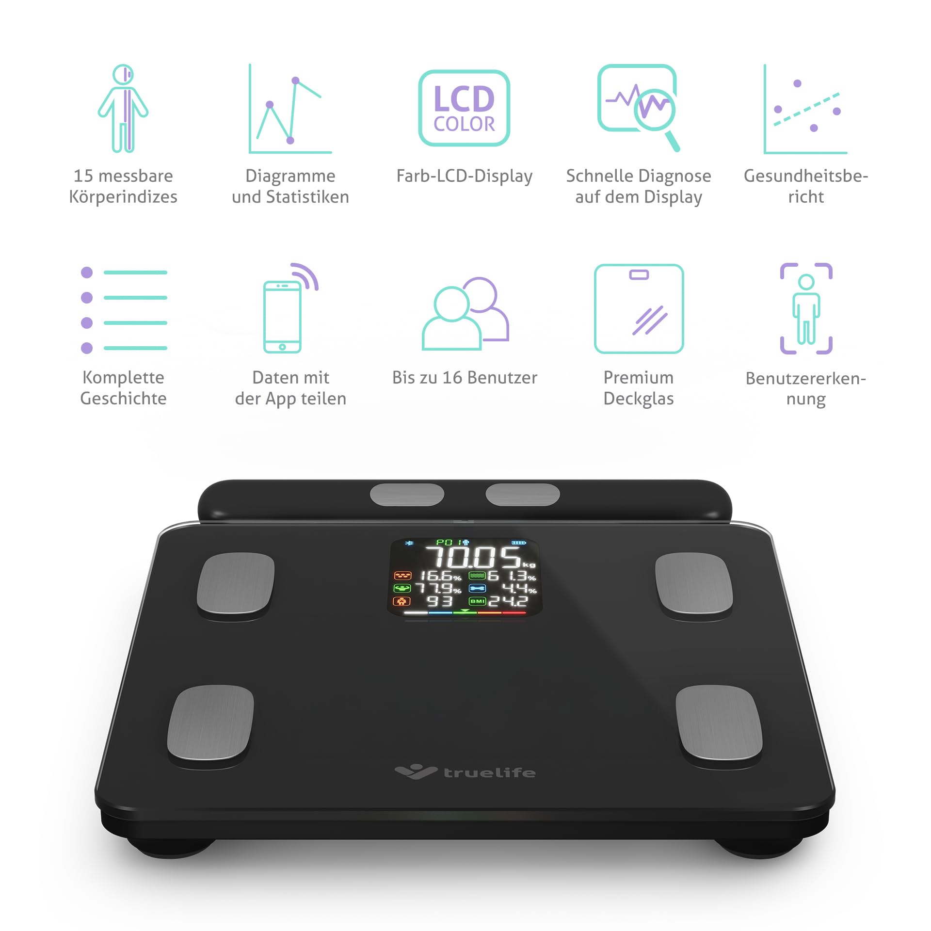 TrueLife FitScale W8 Black, Bilancia diagnostica personale Bluetooth, misurazione tramite analisi dell'impedenza bioelettrica, 15 indici del corpo misurabili, display LCD a colori, fino a 16 utenti