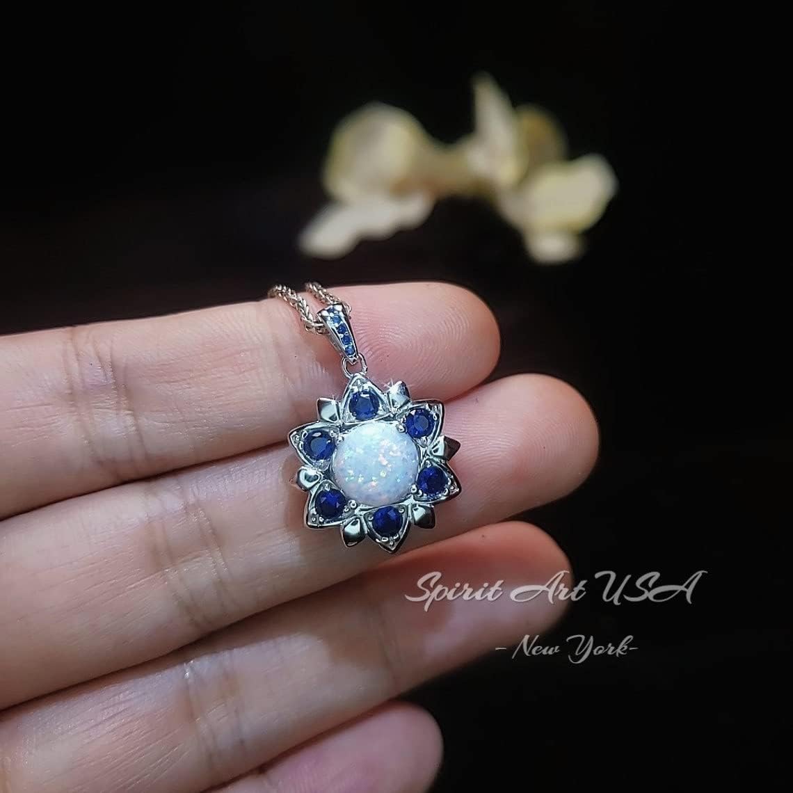 Opal Necklace - Blue Sapphire Star Flower Pendant - 18KGP @ Sterling Silver - October September Birthstone - White Fire Opal Jewelry