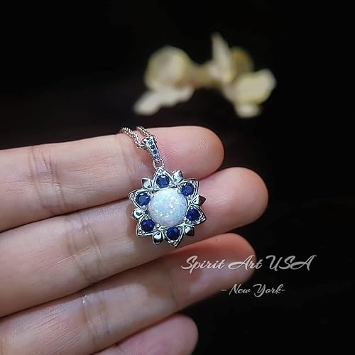 Miniatura 6 de Opal Necklace - Blue Sapphire Star Flower Pendant - 18KGP  Sterling Silver - October September Birthstone - White Fire Opal Jewelry