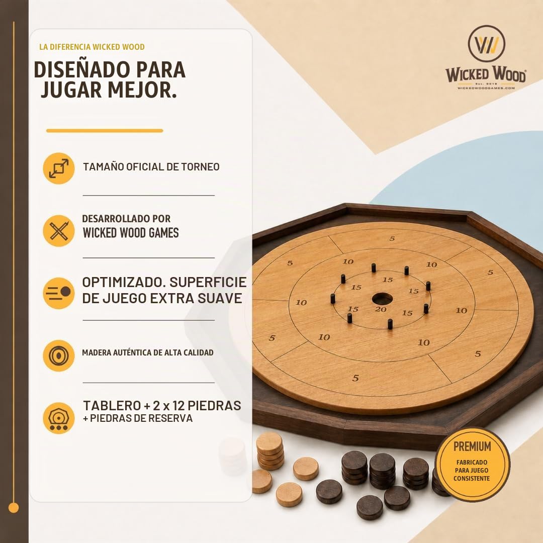Wicked Wood Games Crokinole - Juego de mesa oficial de madera para 2-4 jugadores, juego completo con tabla, discos de 2 colores, tabla de puntuación e instrucciones (idioma español no garantizado