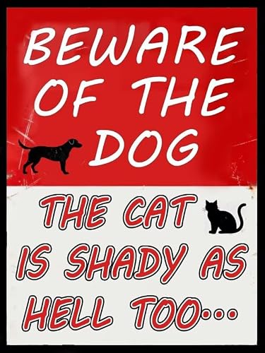 Anceky Vintage Beware Dog Cat Humor Metal Sign - Beware Of The Dog & Shady Cat Metal Poster Retro Plaque Funny Pet Wall Art,Rustic Decor for Gate Fence Backyard 12x16 Inch
