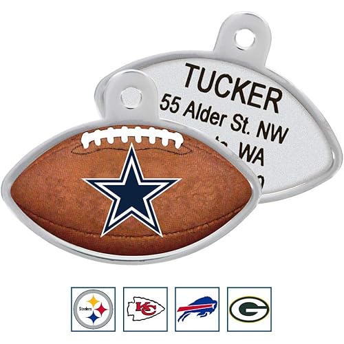 GoTags Personaized NFL Dog Tags, Dallas Cowboys, Football Shape Custom Engraved Pet ID Tags