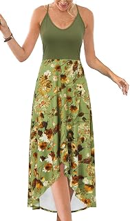 KILIG Women's V Neck Sleeveless Casual Summer Sundresses Asymmetrical Patchwork Floral Maxi Dresses