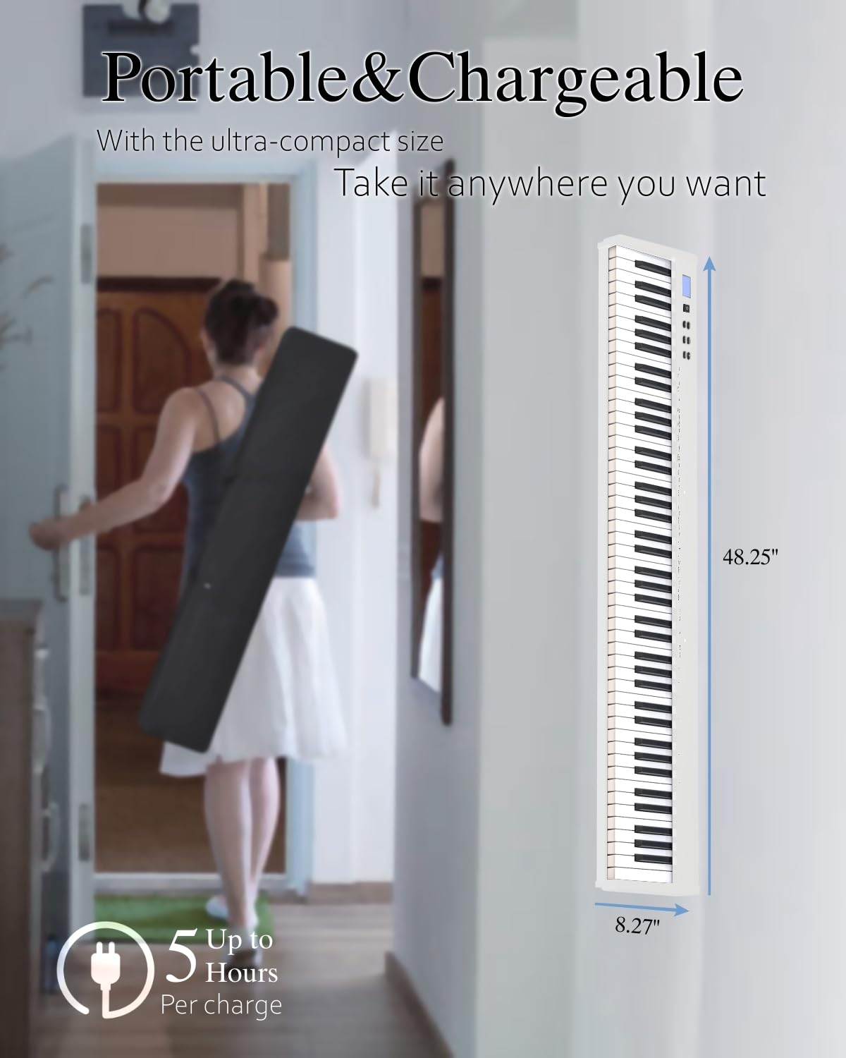 【Pack complet avec support】 Longeye Piano Numérique 88 Touches Clavier Électrique Semi-Lesté Compact et Portable pour Débutants, Sac de Transport, Pupitre, Pédale de Sustain,Blanc(slim-88)