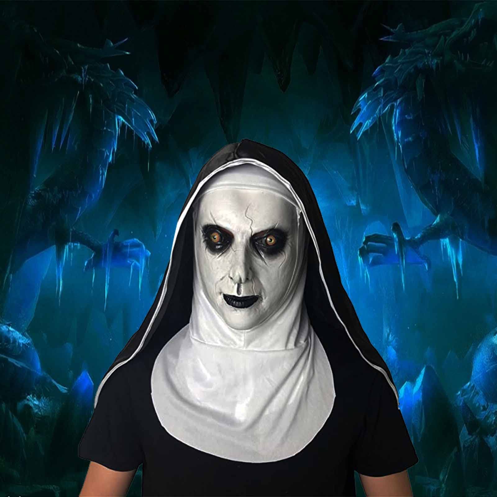 TIANHOO Maska zakonnicy, straszna lateksowa maska na Halloween, horror, maska na całą głowę, z chustą na głowę, zakonnica, przebranie, kostium cosplay, maski na Halloween, karnawał, przyjęcie,