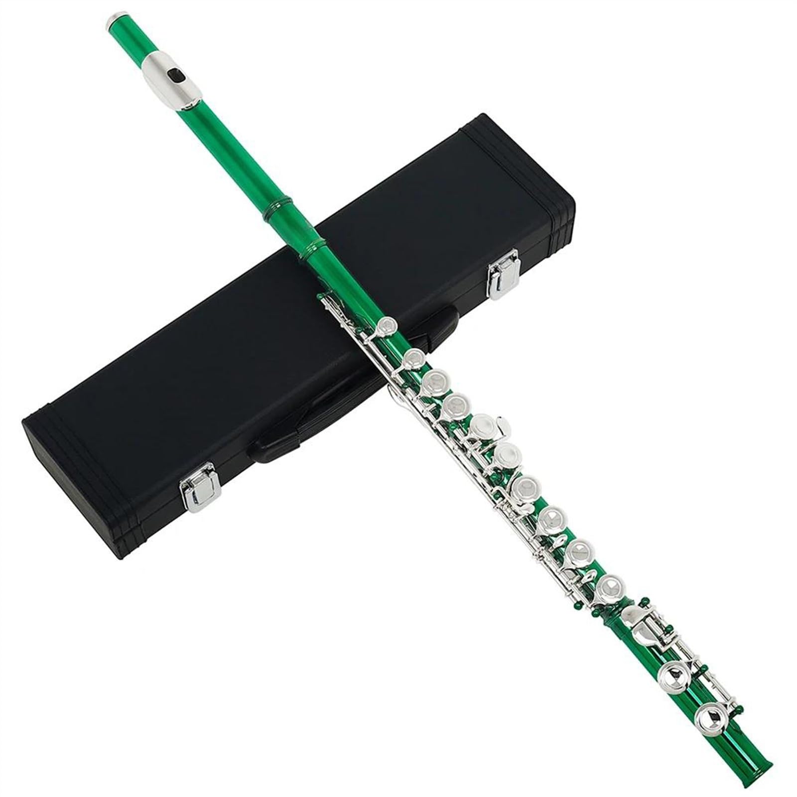 Flauta de llave plateada niquelada con tubo de cuproníquel verde de 16 agujeros con estuche y soporte para flauta Flauta Travesera Kit
