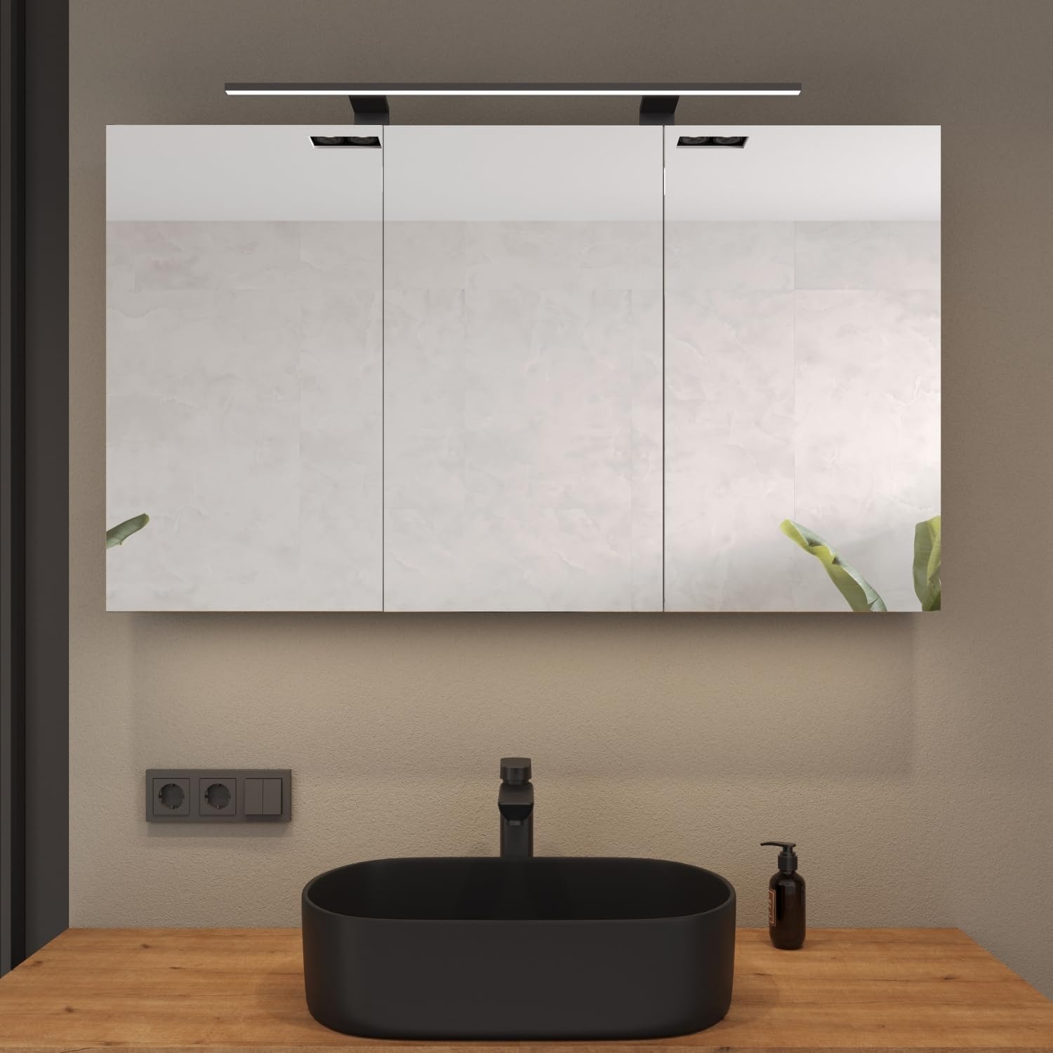 Planetmöbel Aria Armoire de Toilette avec éclairage, 120 x 70 x 16 cm, Armoire de Salle de Bain Suspendue avec Miroir, Chêne doré, avec Lampe et Prise électrique, pour WC invités